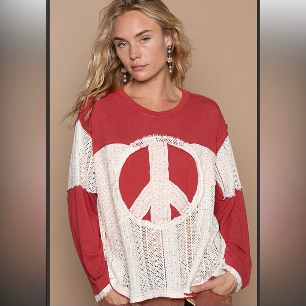 NEW -POL Red and Cream Patchwork and Crochet Peace Sign Top